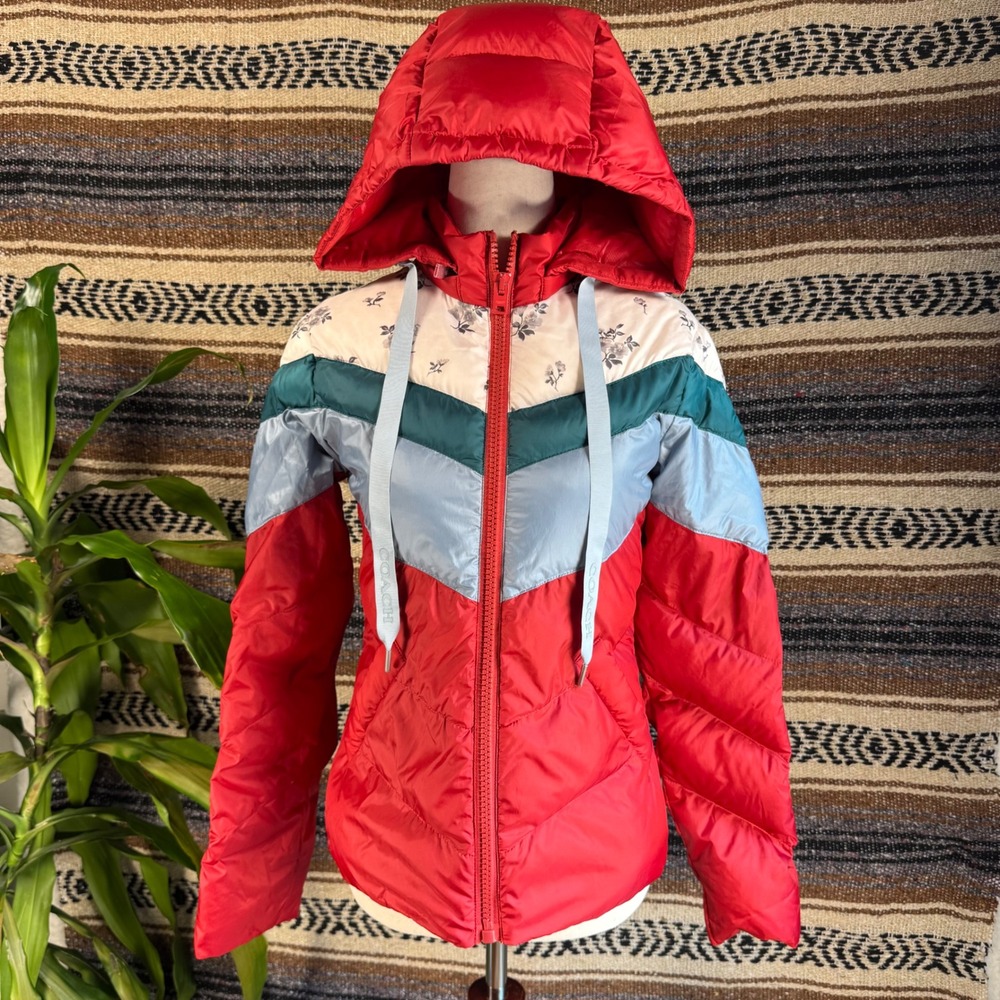 Coach Womens Red Colorblock Floral Down Puffer Jacket Hooded XS F79685